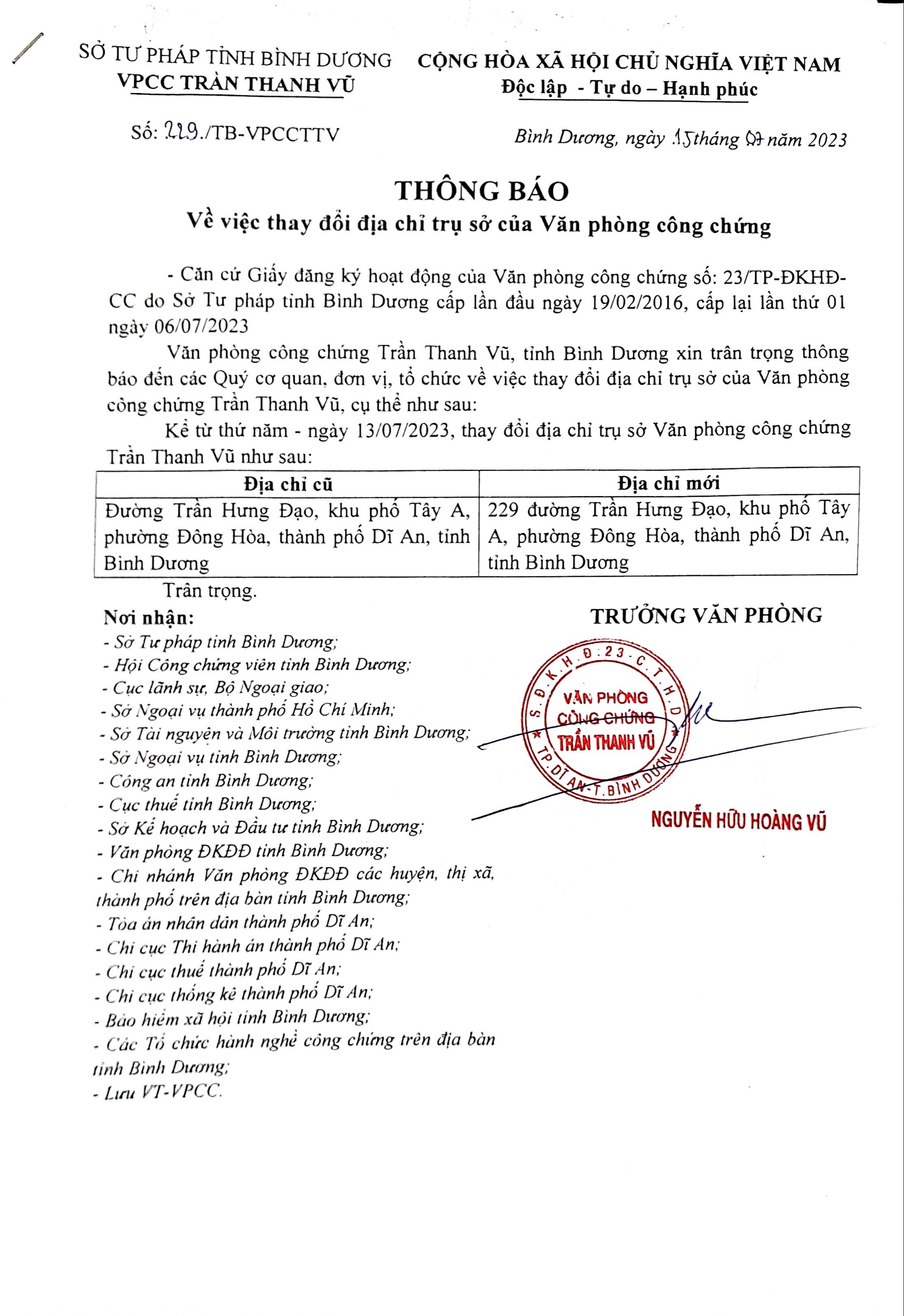 Thông báo thay đổi địa chỉ trụ sở VPCC Trần Thanh Vũ