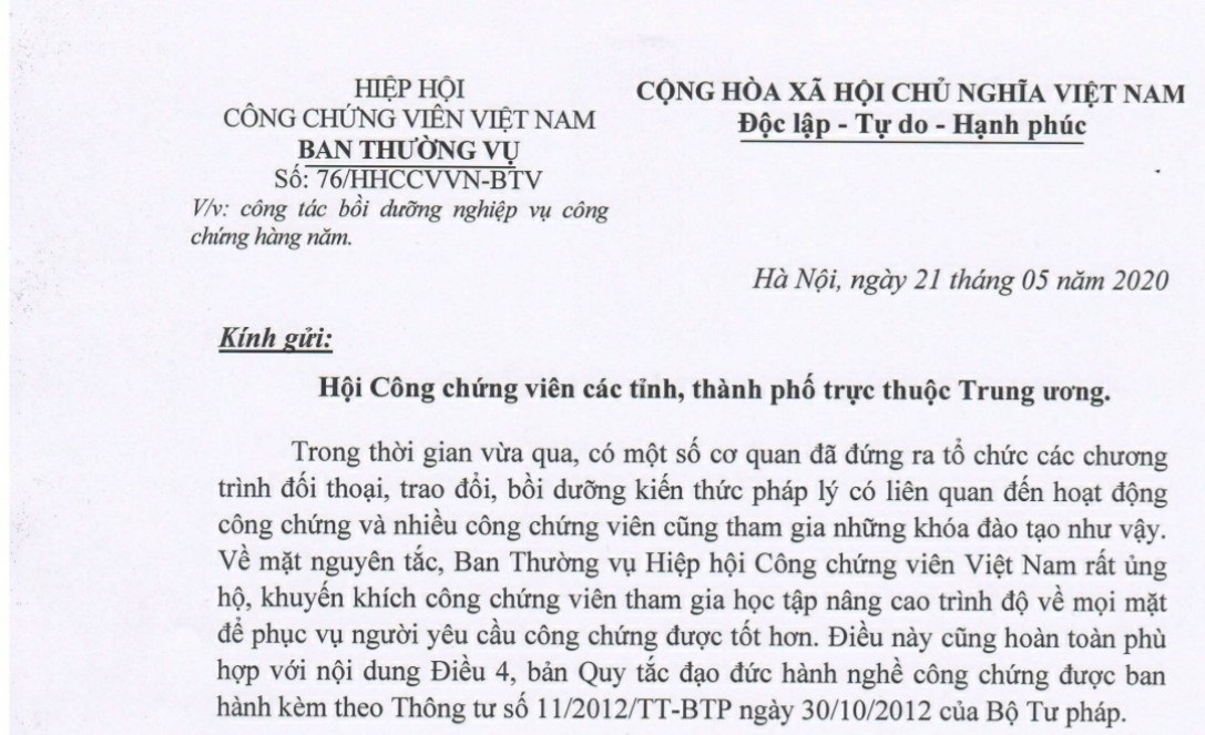 Công văn số 76/HHCCVVN-BTV về công tác bồi dưỡng nghiệp vụ công chứng hàng năm
